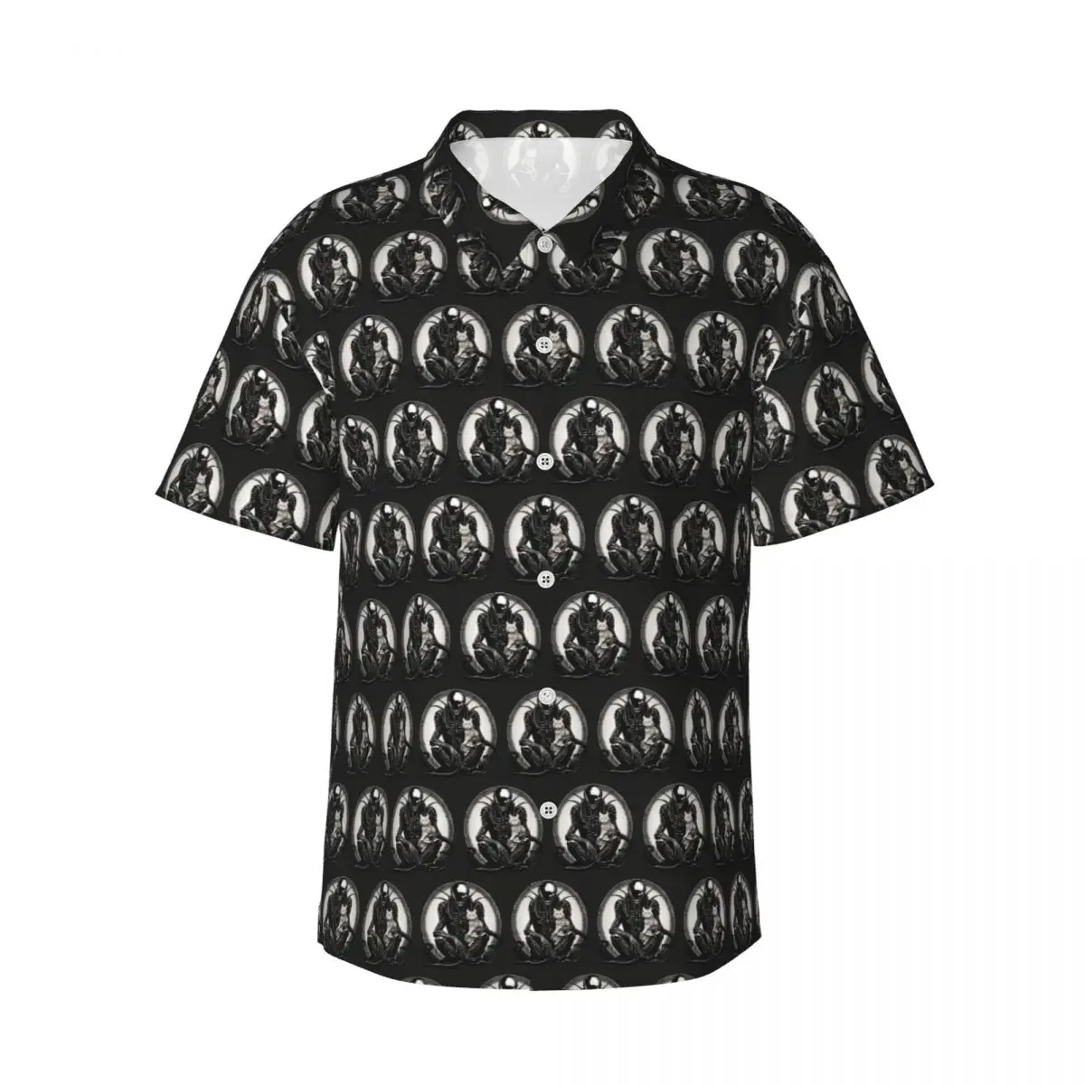 

Xenomorph And A Cat Men's Shirts Hawaiian Short Sleeve Shirt Funny Button Tops for Summer Beach