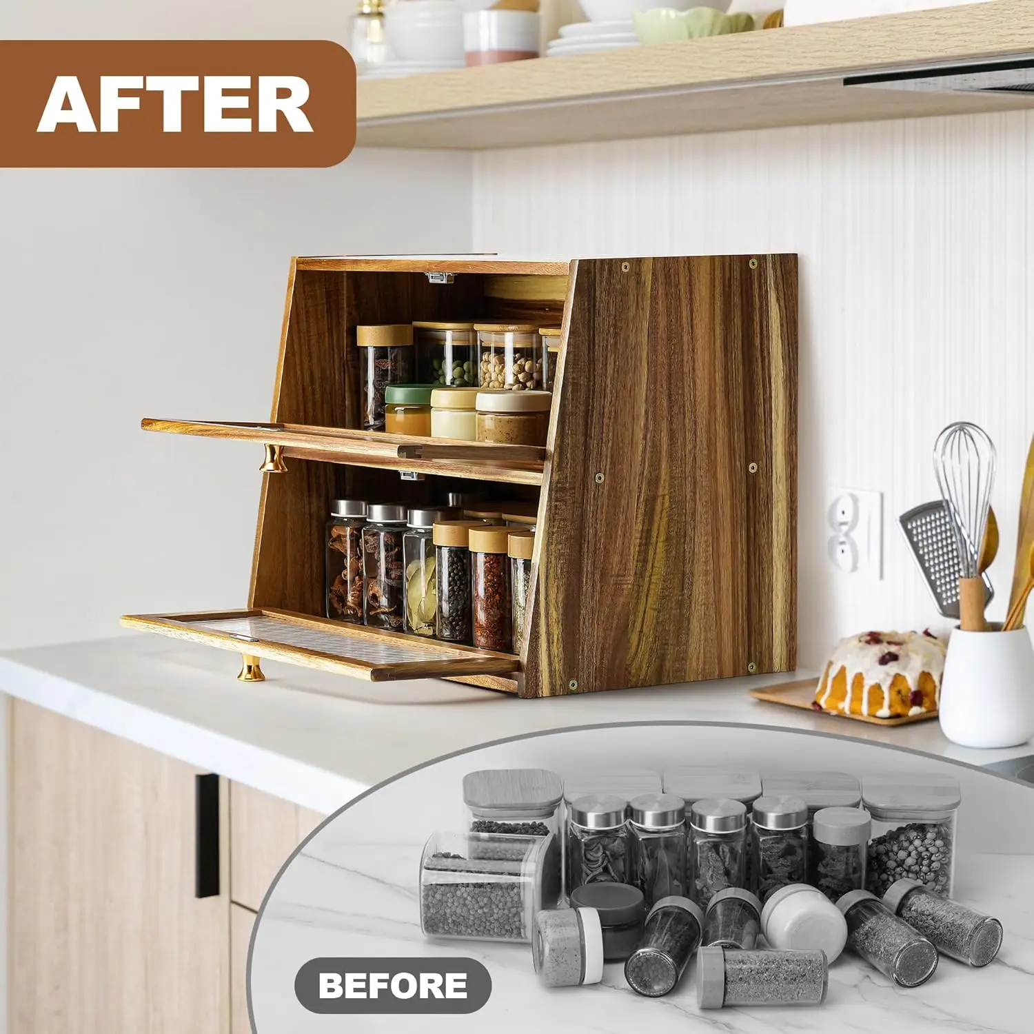 Extra Large 2-Layer Bread Storage Box with Acrylic Window, Farmhouse Style Kitchen Organizer for Fresh Food