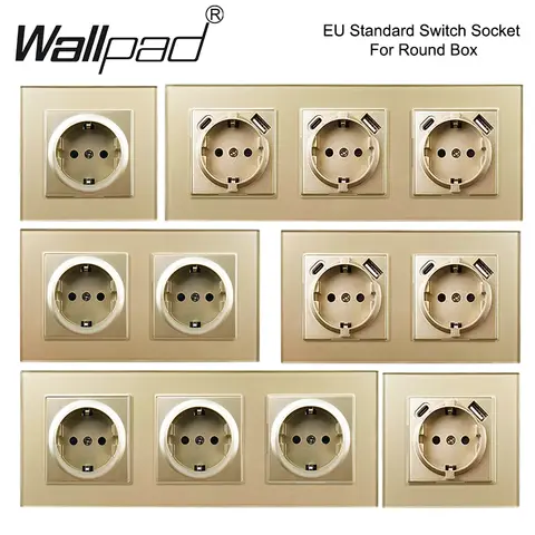 Interruttore a pulsante per lampada da parete in vetro oro UE 220V 16A Doppia presa di corrente elettrica europea tripla europea francese con presa USB tipo C Wallpad