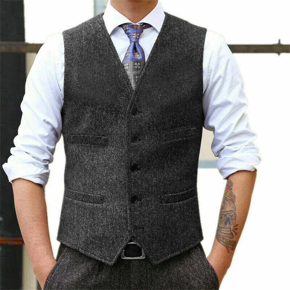 

V-neck Mens Suit Vest Wool Herringbone Formal Groom's Men's Wedding Tuxedo Waistcoat Plus Business Waistcoat For Wedding