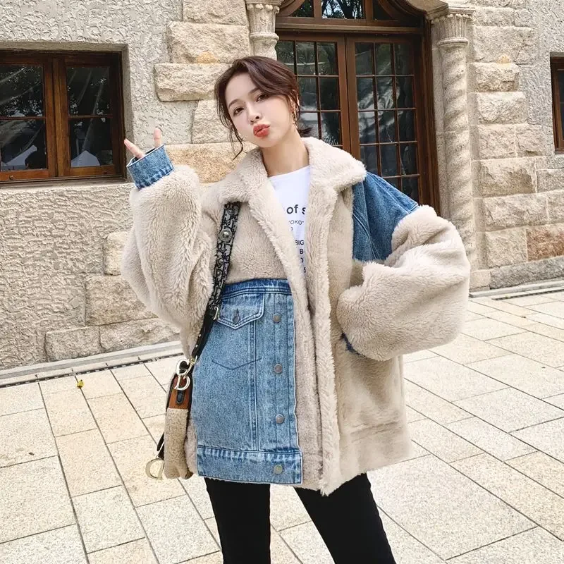 

Autumn Winter Patchwork Denim Lamb Coat Women Thicken Warm Trench Coat Streetwear Korean Jacket Long Sleeve Single-breasted Coat