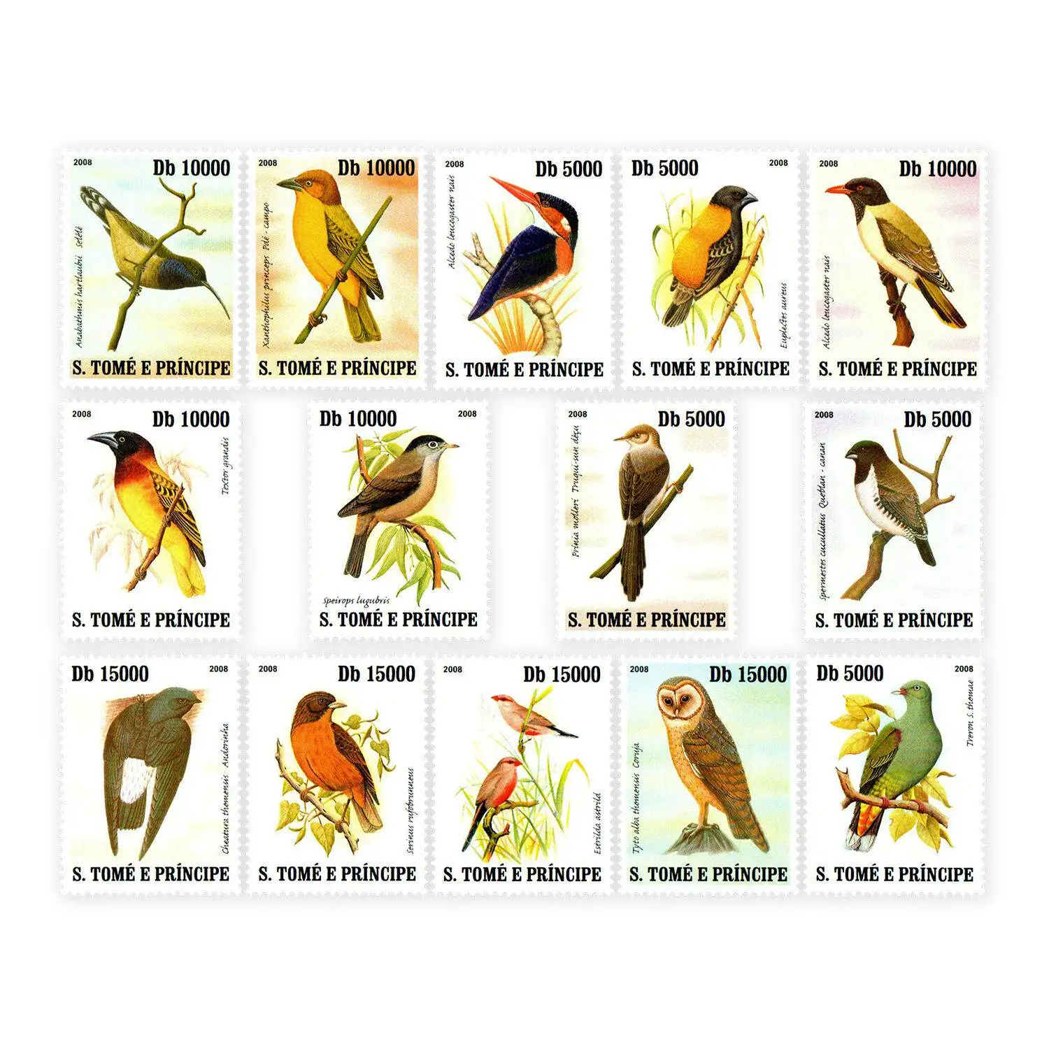 Sello postal de São Tomé Y2007, aves en peligro de extinción, guardacaretas de pecho blanco, 1 juego de 14 sellos postales coleccionables nuevos, material para álbumes de recortes