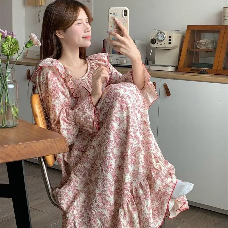 

Women's Pajama Set Fashion Homewear Nightgown Cotton Women Home French Floral Long Sleeve Loose Fit 2025 New Style Ruffle Trim
