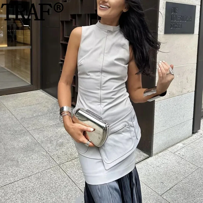 TRAF Grey Cargo Mini Dress Sleeveless Bodycon Dress Woman Streetwear Pockets Short Dresses For Women Autumn Casual Party Dresses