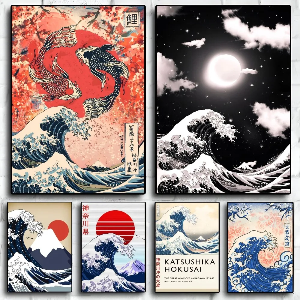 1PC Japanese Waves Poster Self-adhesive Art Waterproof Paper Sticker Coffee House Bar Room Wall Decor