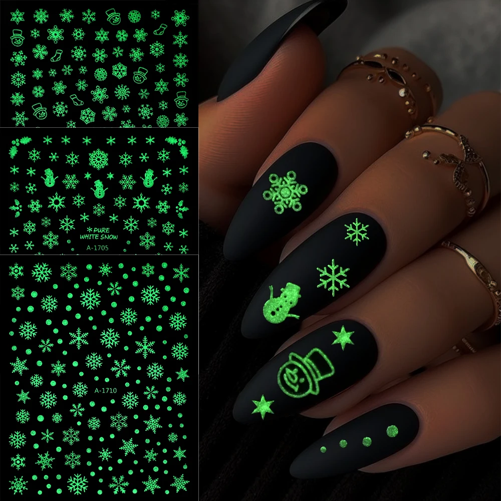 3D Luminous Christmas Snowflake Nail Stickers Winter Snowman Snowflake Self-Adhesive Sliders Glow in The Dark Nail Art Decals **