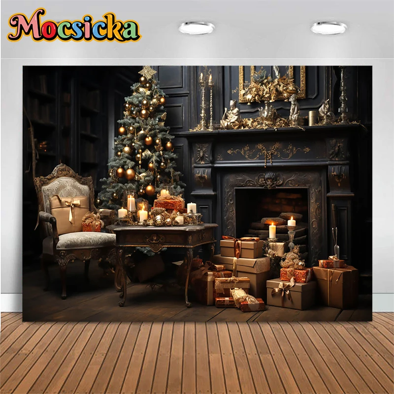 Mocsicka Christmas Tree Decoration Background Gift Candle Flame Props Vintage Wooden House Fireplace Backdrop Studio Photobooth