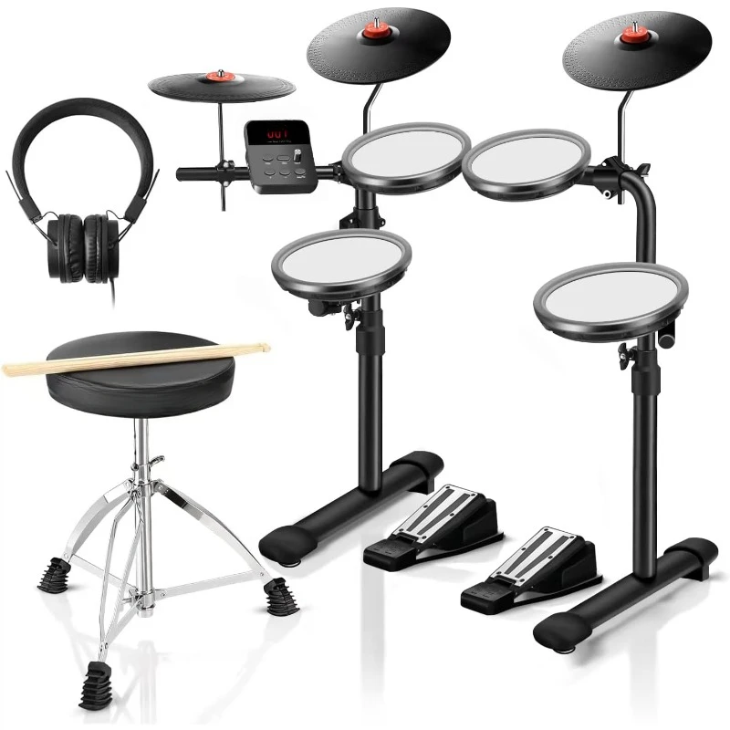 Electric Drum Set with 7'' Quite Mesh Drum Pads,8'' Full Rubber Cymbals,12 Kits and 68 Authentic Sounds,USB MIDI,Throne,Sticks