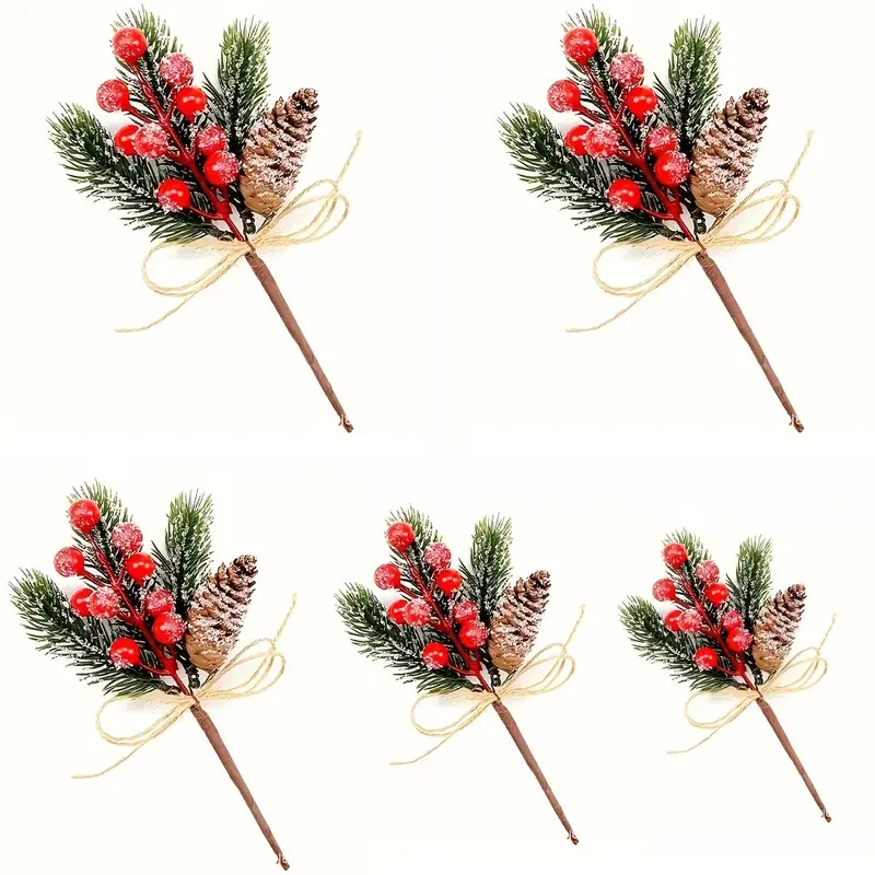 Ein Set aus 5 realistischen künstlichen Winterbeeren und Tannenzweigen für saisonale Weihnachtsdekoration. – Detail 4