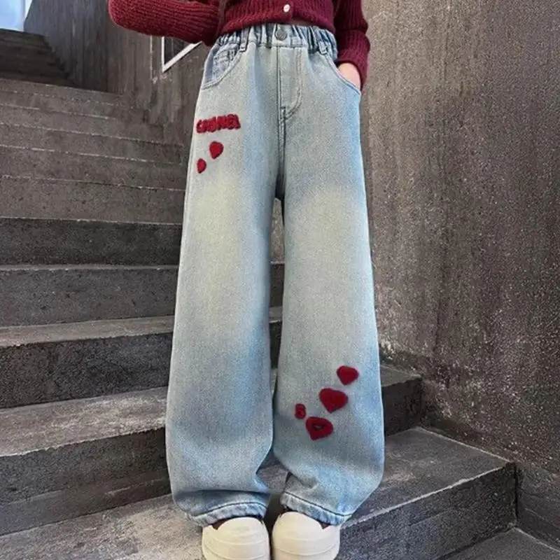 39BC ガールズヒップホップワイドレッグジーンズパンツ刺繍ハート弾性ハイウエストストレートルーズフィットだぶだぶのデニムパンツ