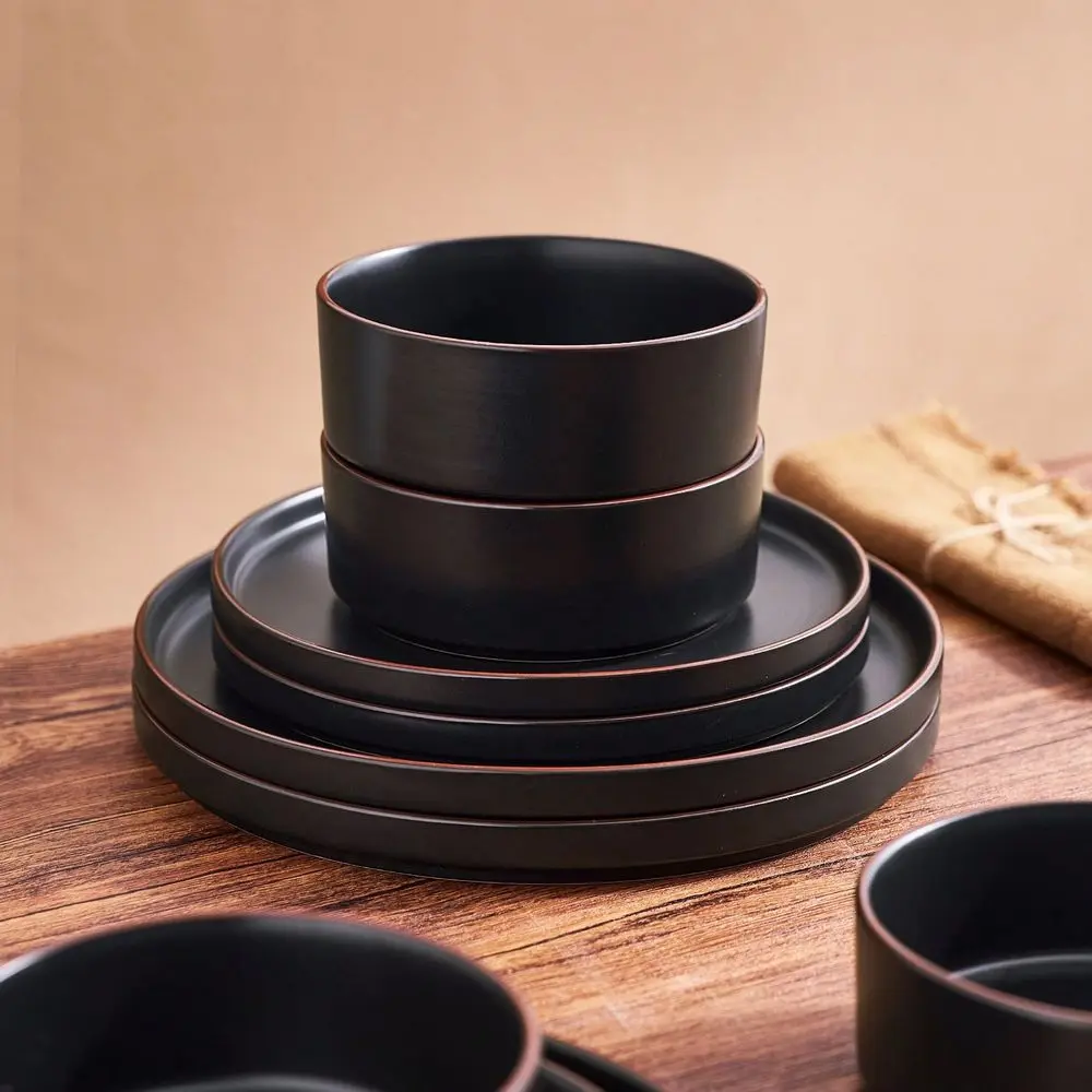 

12Piece Plates And Bowls Set, Stoneware Dinnerware Sets For 4, With Unique Rufous Rim