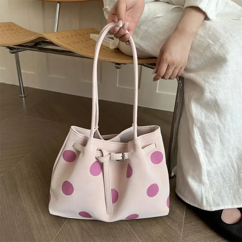 Polka Dot Shoulder Tote Bag Large Capacity Buckle Design Non-slip Strap for Daily Commuting Office School Use