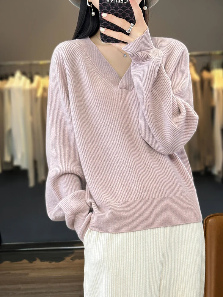 100% Wool Plus size Women Sweater V-Neck Pullover Long Sleeve Top Knitwear Warm Soft Comfortable Simple Outerwear Fashion Trends