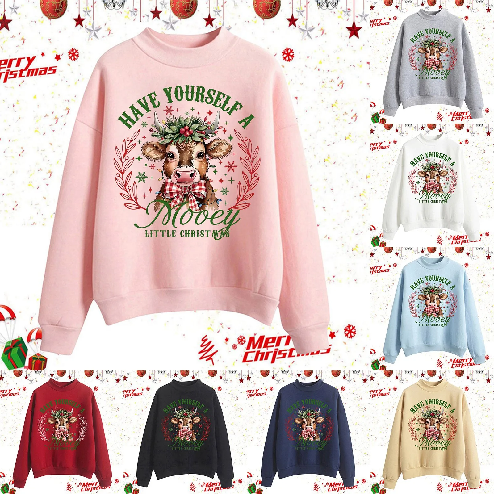 Highland Cattle Cow Sweatshirts Women Christmas Pullover Print Graphic Sweatshirts Long Sleeve Crew Neck Female Streetwear Top