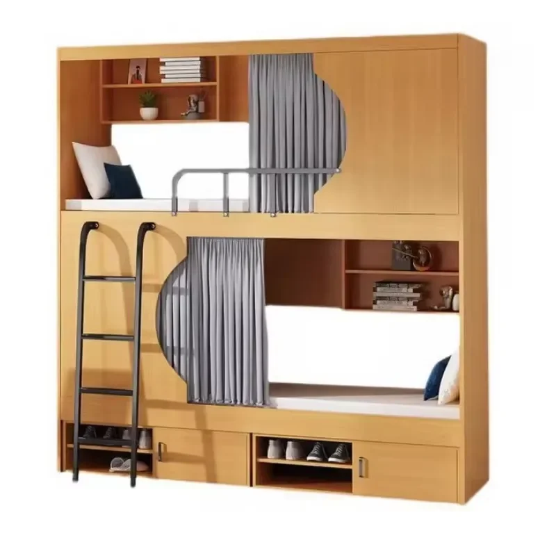 Steel Wood Bunk Bed Hotel Double Capsule Bed Sturdy Durable Wooden Upper Lower Bunk Beds Space Saving
