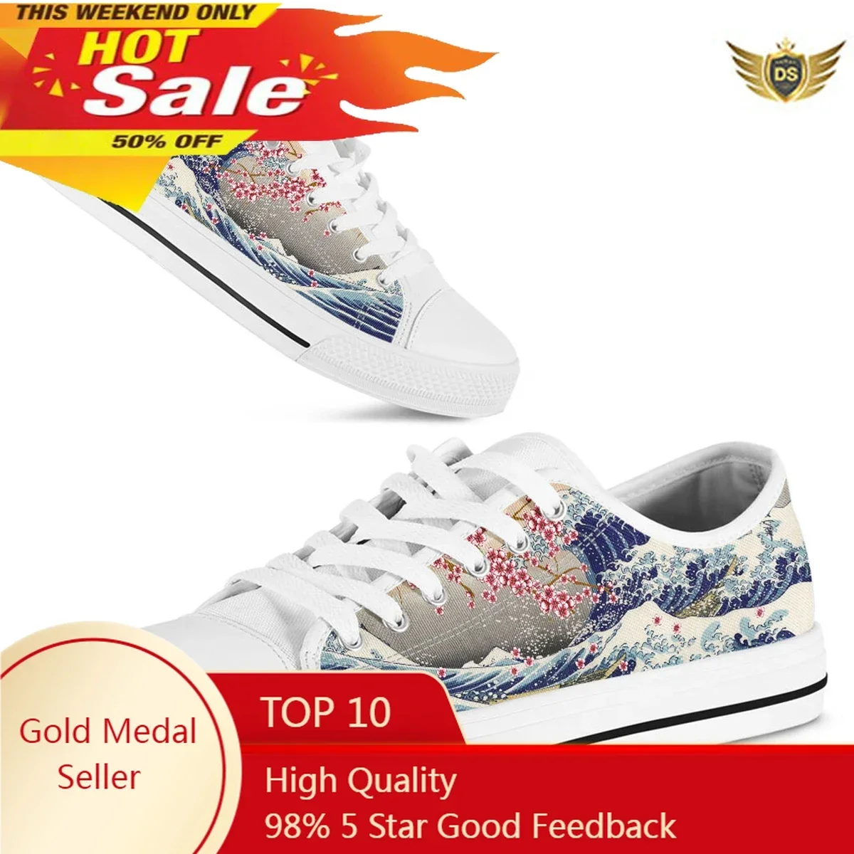 

The Great Wave Saruka Flower Women Casual Flat Shoes Lace-up Loe Top Canvas Sneakers Big Size 45/46