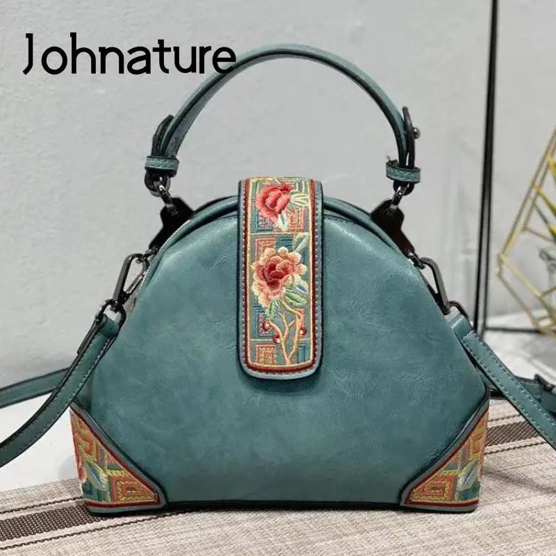 Johnature Retro Embroidery Luxury Handbags Women Bags Designer 2024 New Versatile Chinese Style Lady Leather Shoulder Bags