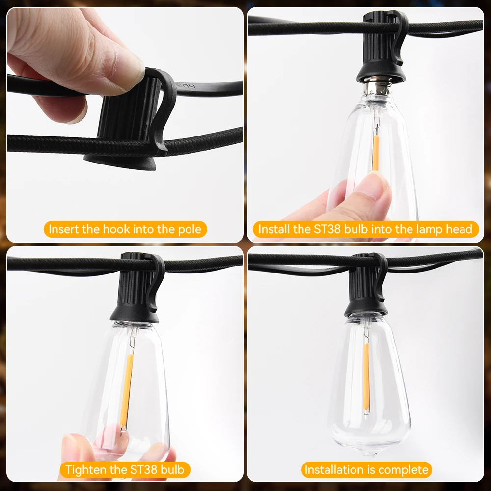 65FT Outdoor-Girlanden-Lichterkette, 48 LEDs + 2 bruchsichere ST38-Edison-Glühbirnen, wasserdicht, für Terrasse, Veranda, Garten, Hochzeit, Dekor, Lampen, 2200 K – Detail 5