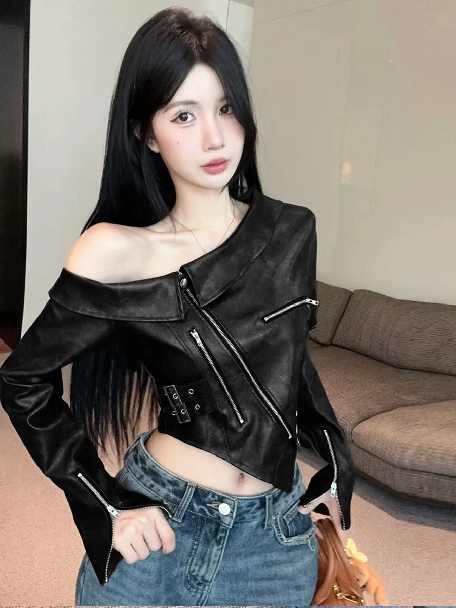 Sexy American Retro Hot Girl Asymmetrical Shoulder Zipper Style Short Leather Jacket Cool And Dashing Wind Slimming Top