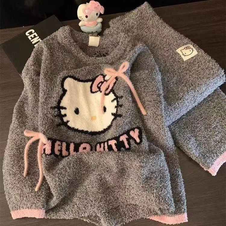 

Sanrio Hello Kitty, пушистый пижамный комплект из двух предметов, женский зимний комплект 2023, 3D декор с бантом, мягкая одежда для сна, повседневная эстетичная одежда для дома Y2K