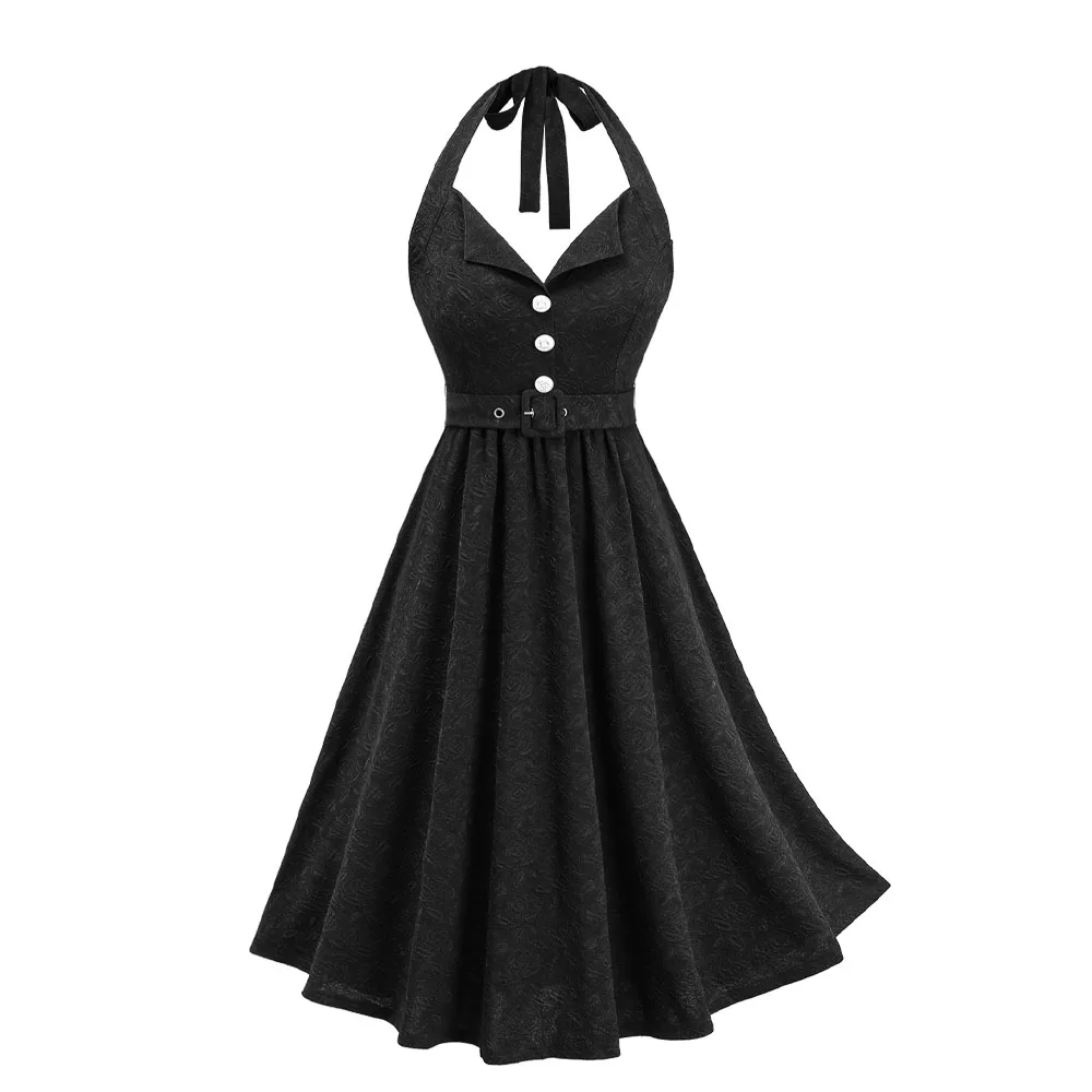 ROSEGAL Plus Size Rose Flower Jacquard Dress Buttons Halter Neck with Removable Belt Women's Casual Elegant A-Line Dress Vestido