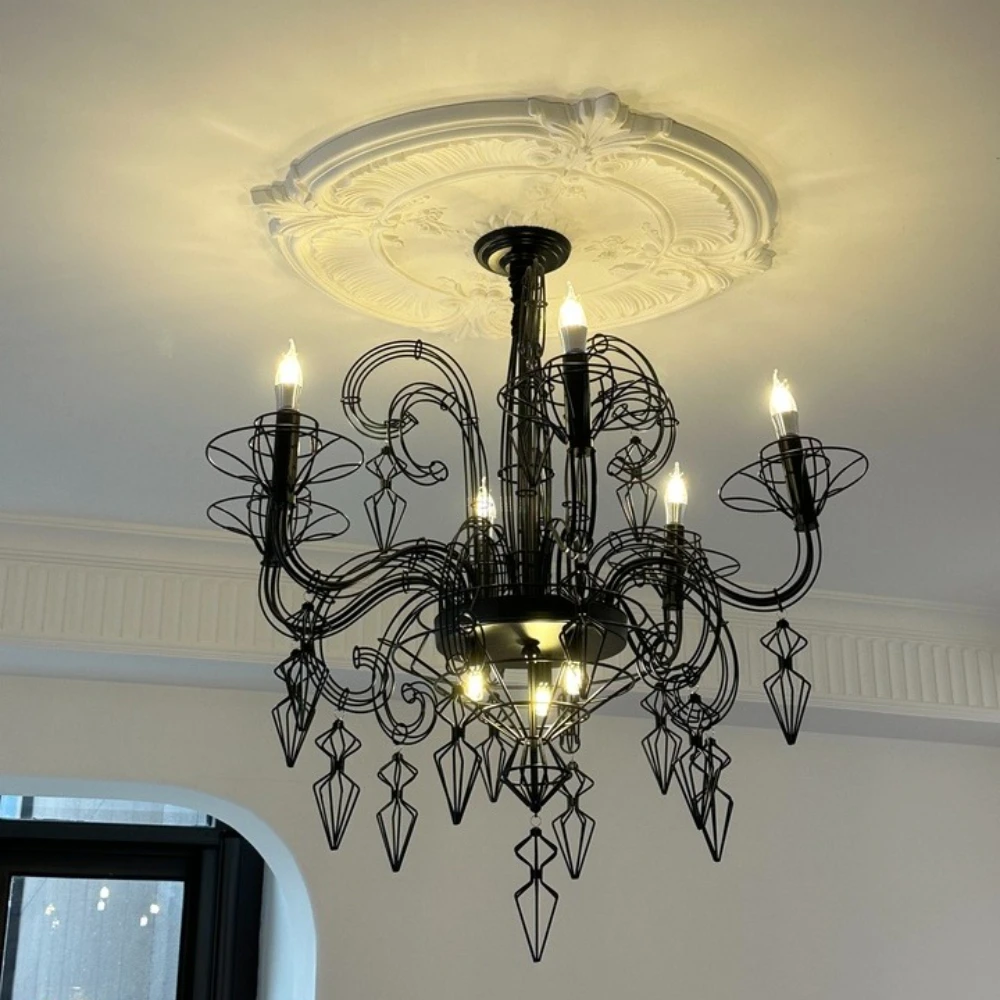 French Retro Baroque Chandelier Living Room Designer Villa Staircase Black Artistic High- Dining Room Led Ceiling Pendant Lamp