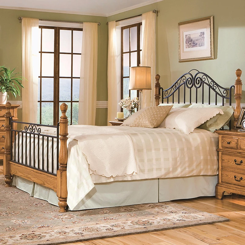 

Solid wood bed ash 1.8m double master bedroom single Roman column retro wedding solid wood wrought iron