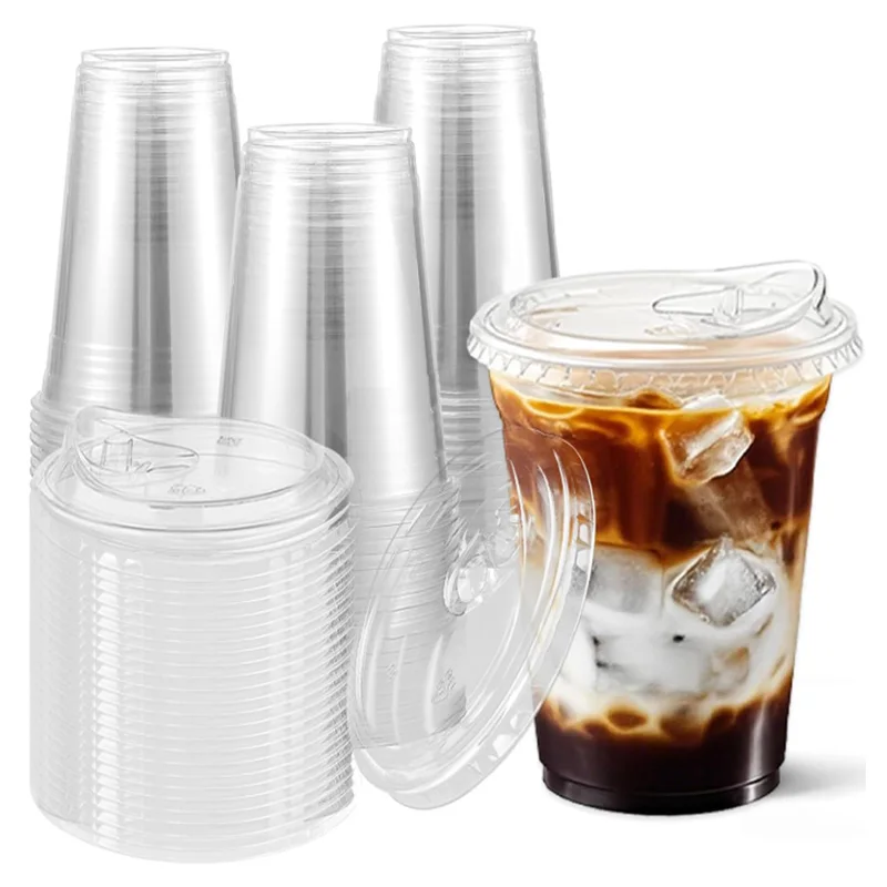 Transparente Plastikbecher mit Deckeln 10er-Pack, 16 oz Einwegbecher für Eiskaffee Bubble Tea, Langlebig & Auslaufsicher