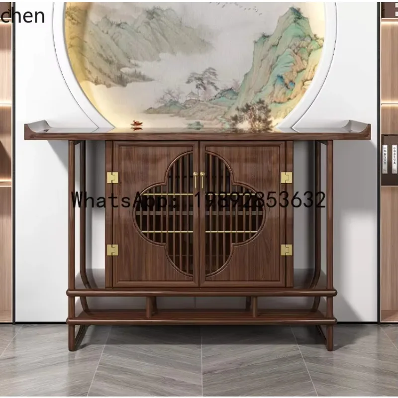 

F1 Entryway Table Black Walnut Wood Strip Case Living Room Wall-Mounted Offering Table Entryway Solid Wood Entryway Cabinet