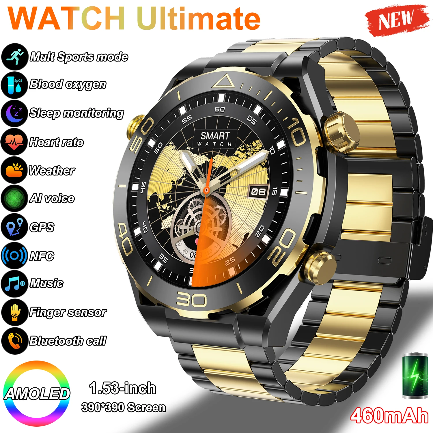 

ЧАСЫ Ultimate Luxury Смарт-часы для мужчин 460 мАч Батарея Открытый SmartWatch GPS трекер Сердечный ритм Контроль жестов Спортивные умные часы