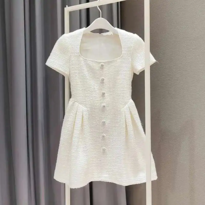

Quality Summer Autumn Single Breasted Beading Diamonds Short Sleeve Tweed Dress For Women Mini White Prom Evening Dresses Party