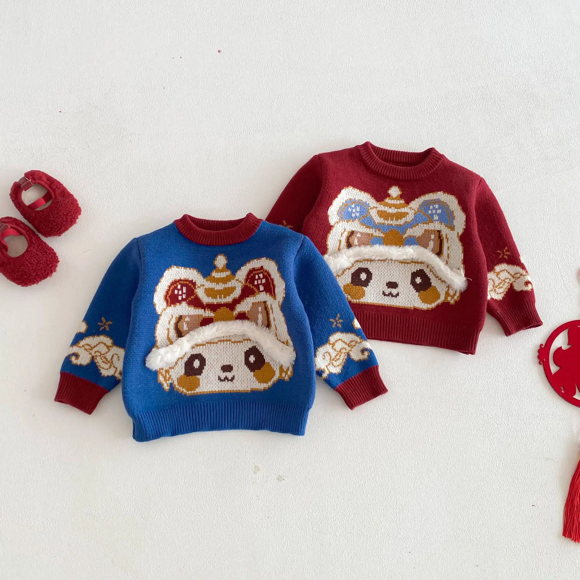 سترة رأس النمر للأطفال 2025 شتاء جديد لطيف الجاكار ملابس السنة الجديدة للفتيات ، سترة محبوكة سميكة للأولاد #5