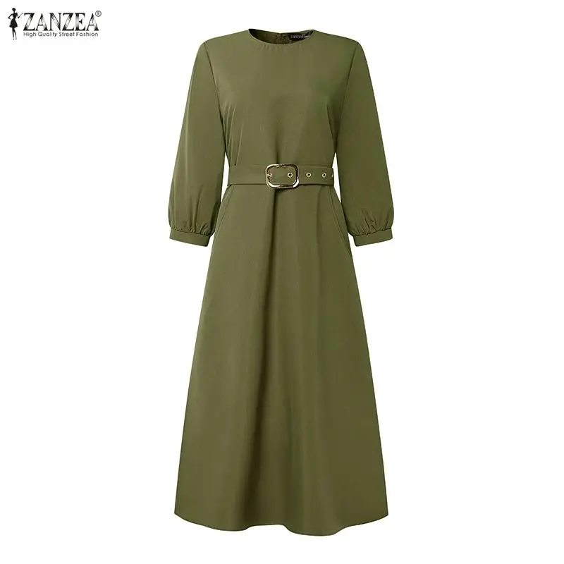 فستان ZANZEA للسيدات أنيق للحفلات ملابس الشارع الشهير 3/4 كم بحزام قميص طويل غير رسمي رداء ربيعي سادة موضة فستان الشمس OL #3