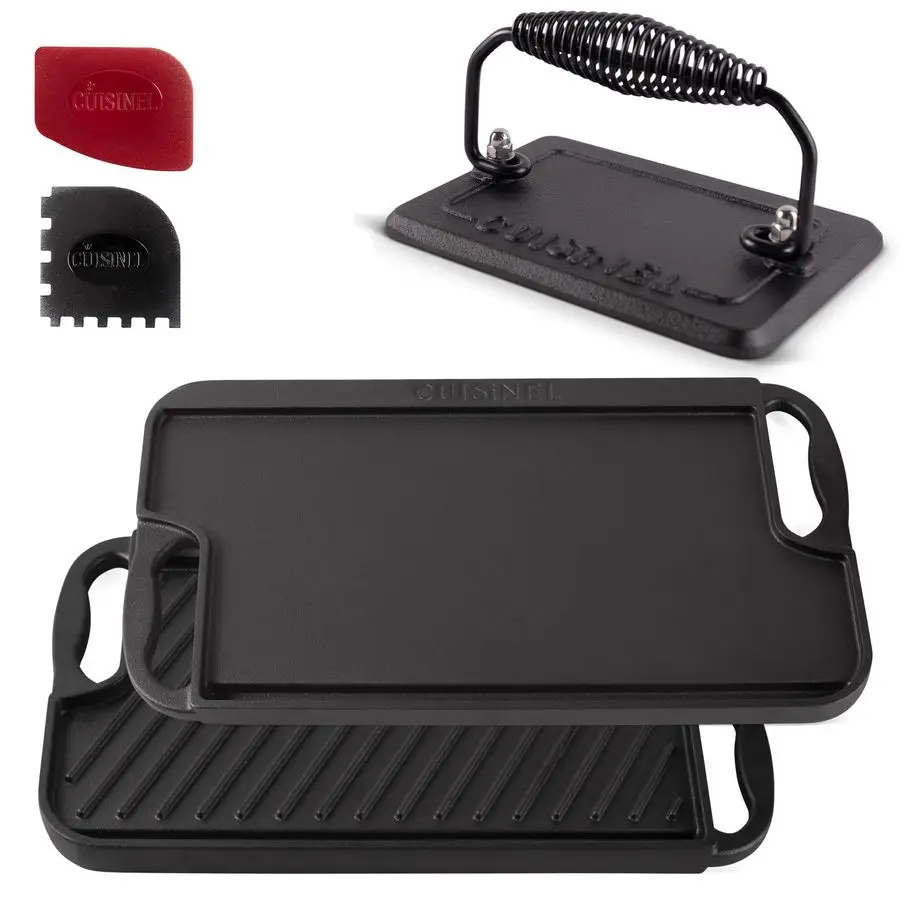 

Cast Iron Griddle Grill Burger Press Pan Scrapers Reversible PreSeasoned 16.75 X 9.5inch Dual Handle Flat Skillet and Griller Pa