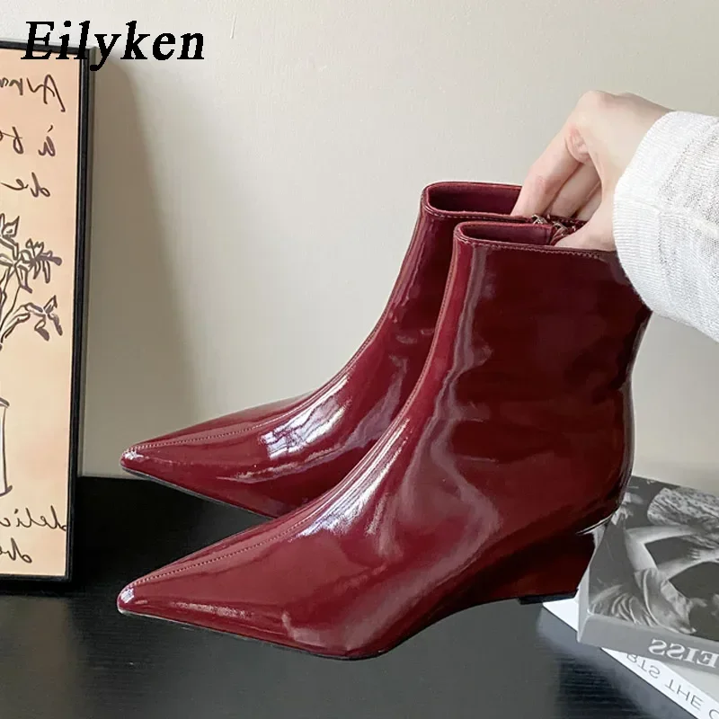 Eilyken New Fashion Patent Leather Ankle Boots Women Pointed Toe Wedge Heels Side Zipper Shoes Elegant Ladies Botas De Mujer