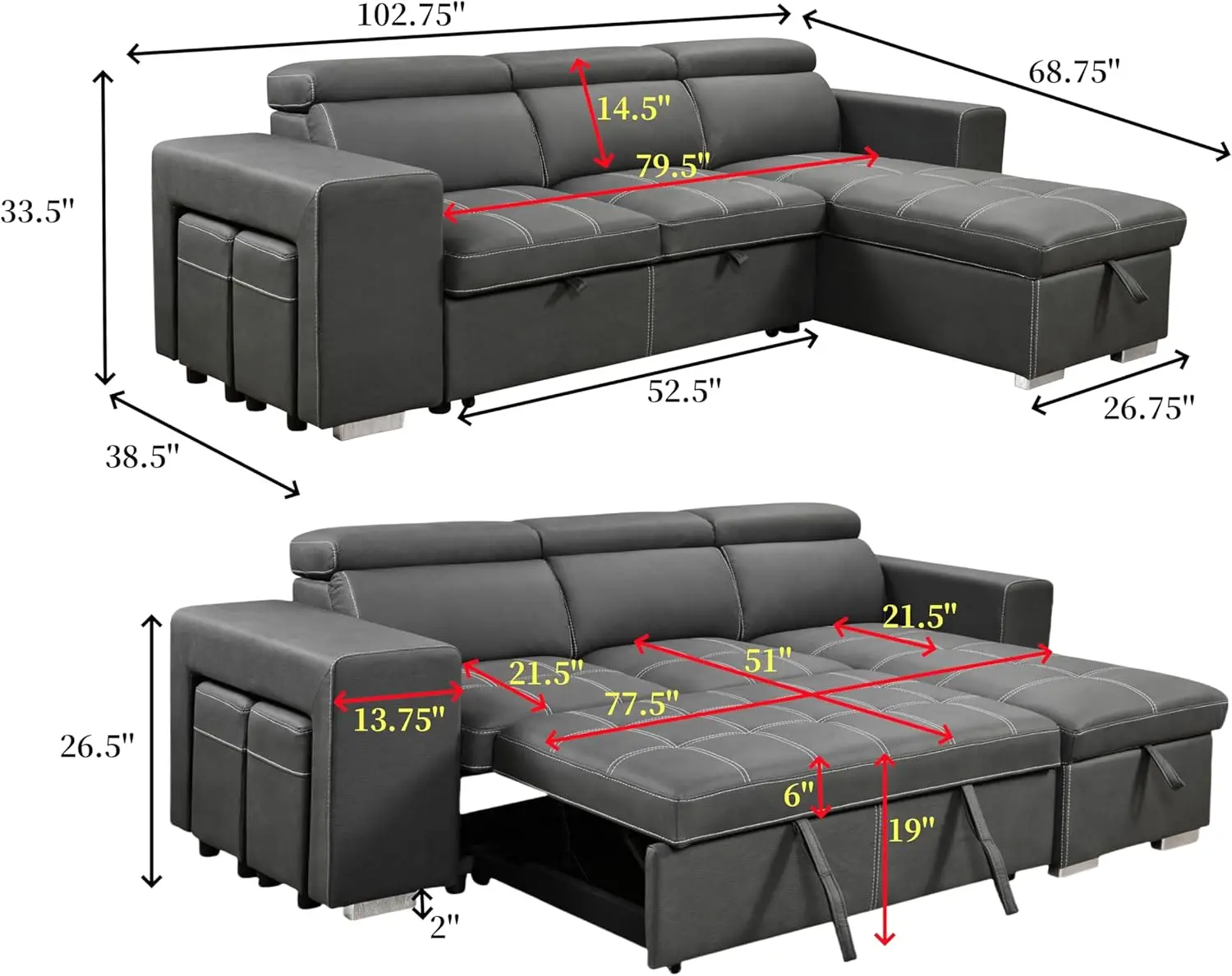 102'' Microfiber Sectional Sleeper Sofa with Pull Out Bed Reversible Storage Chaise 4 Seats L Shaped Sectional Charcoal Grey