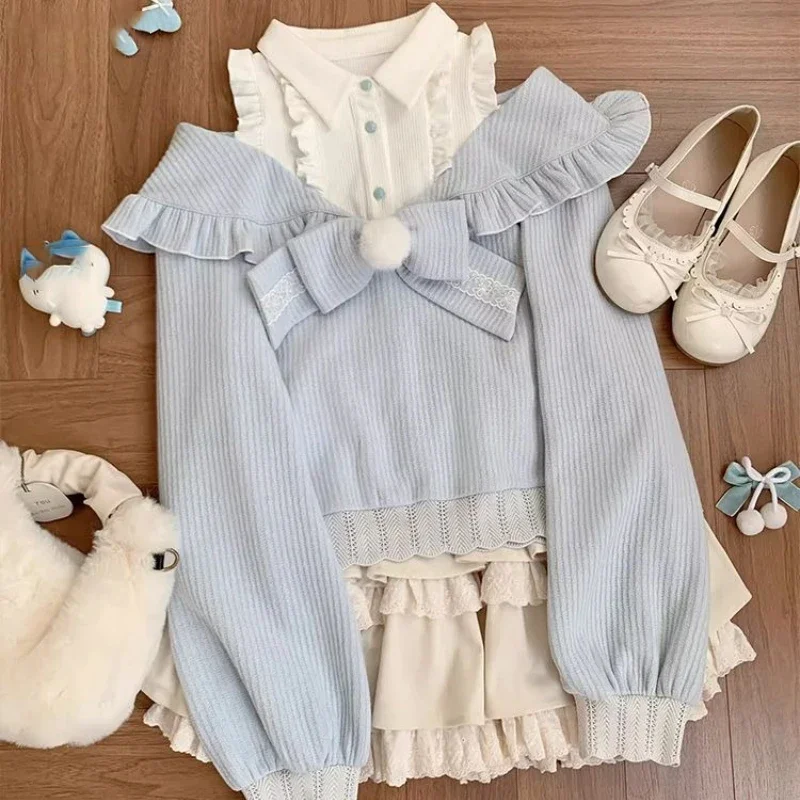 ชุดเซ็ต 2 ชิ้น สไตล์โลลิต้า น่ารักหวานแหวว เสื้อไหมพรมถักลายโบว์ กระโปรงสั้นลูกไม้ทรงเค้ก สำหรับผู้หญิง ฤดูใบไม้ร่วง สไตล์ฮาราจูกุ Y2k