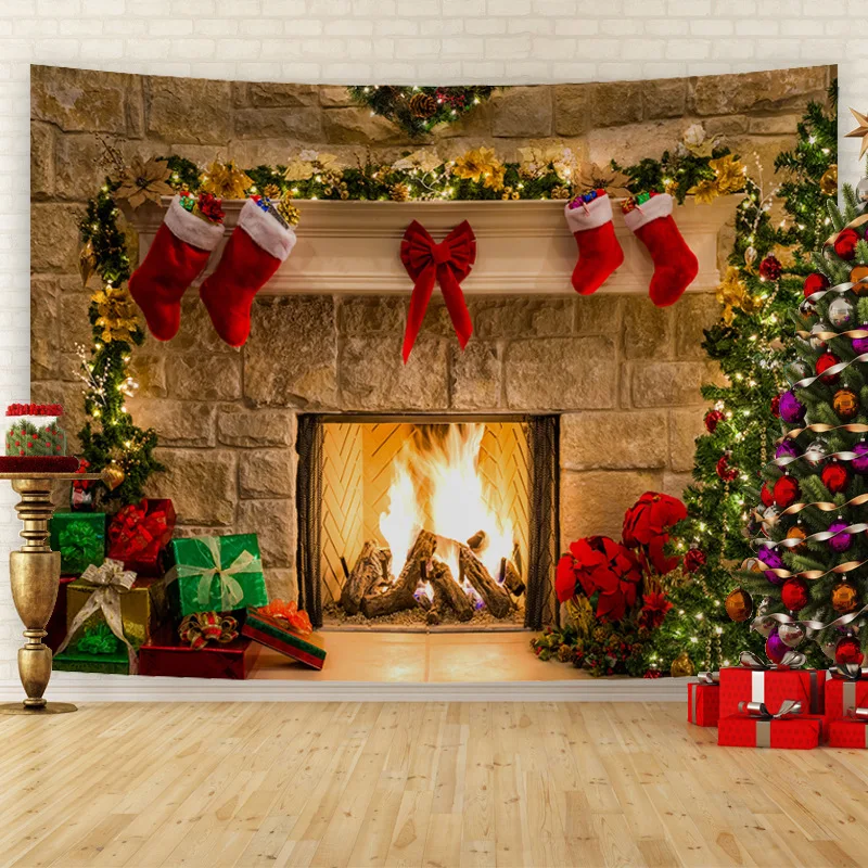 VIKAMA Christmas Fireplace Scene Wall Tapestry Xmas Stocking Wreath Fire Wall Hanging Backdrop for Holiday Bedroom Decoration