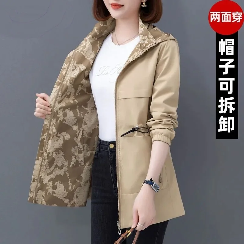 春秋の両面女性ジャケット 2025 新しいプラスサイズ 4XL ミッドレングスウインドブレーカー女性中年母親カジュアルコートトップス