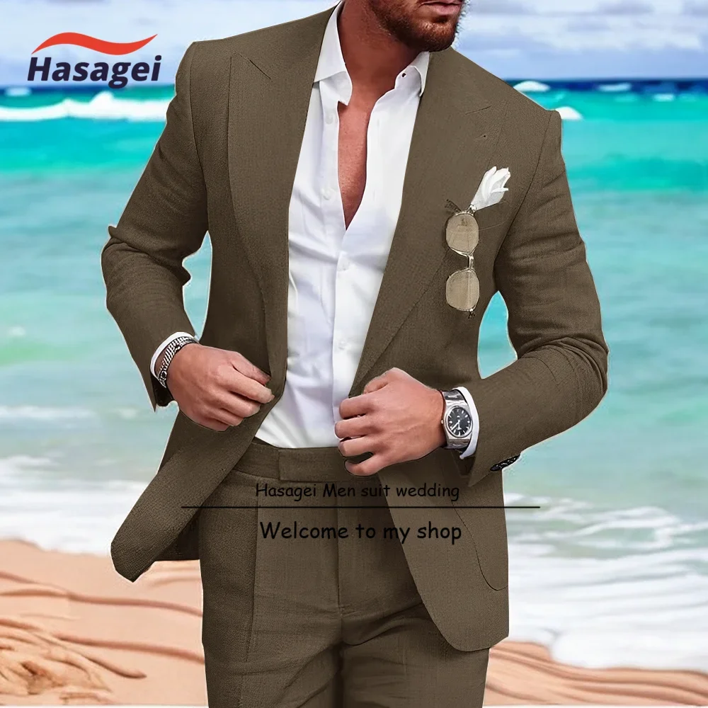 Conjunto de traje de lino para hombre, traje de 2 piezas de corte ajustado para playa, boda, padrino de boda, traje de fiesta informal