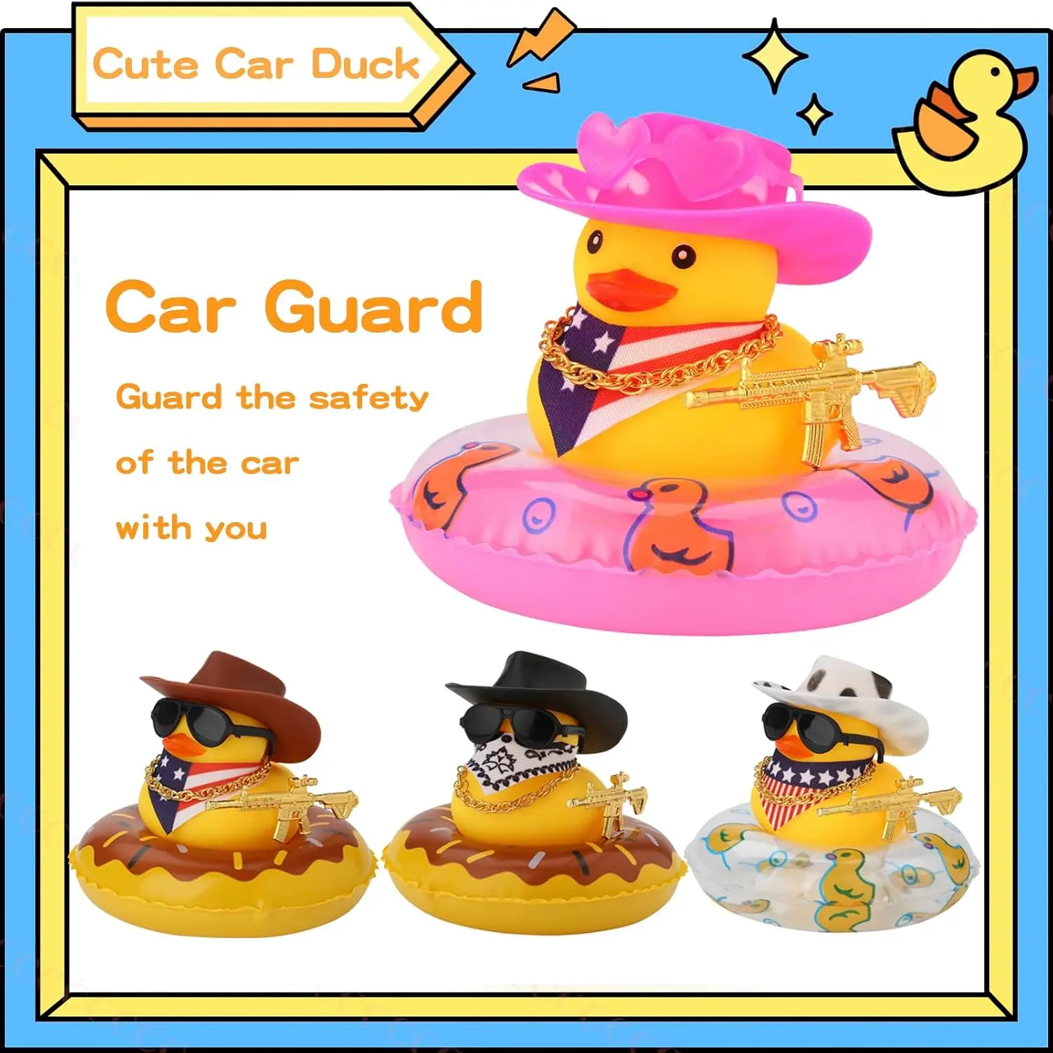 Rubber Duck with Weapon for Car Dashboard Decor, Squeaky Duck Toy Yellow Cowboy Ducks Car Ornament Fun Car Accessories