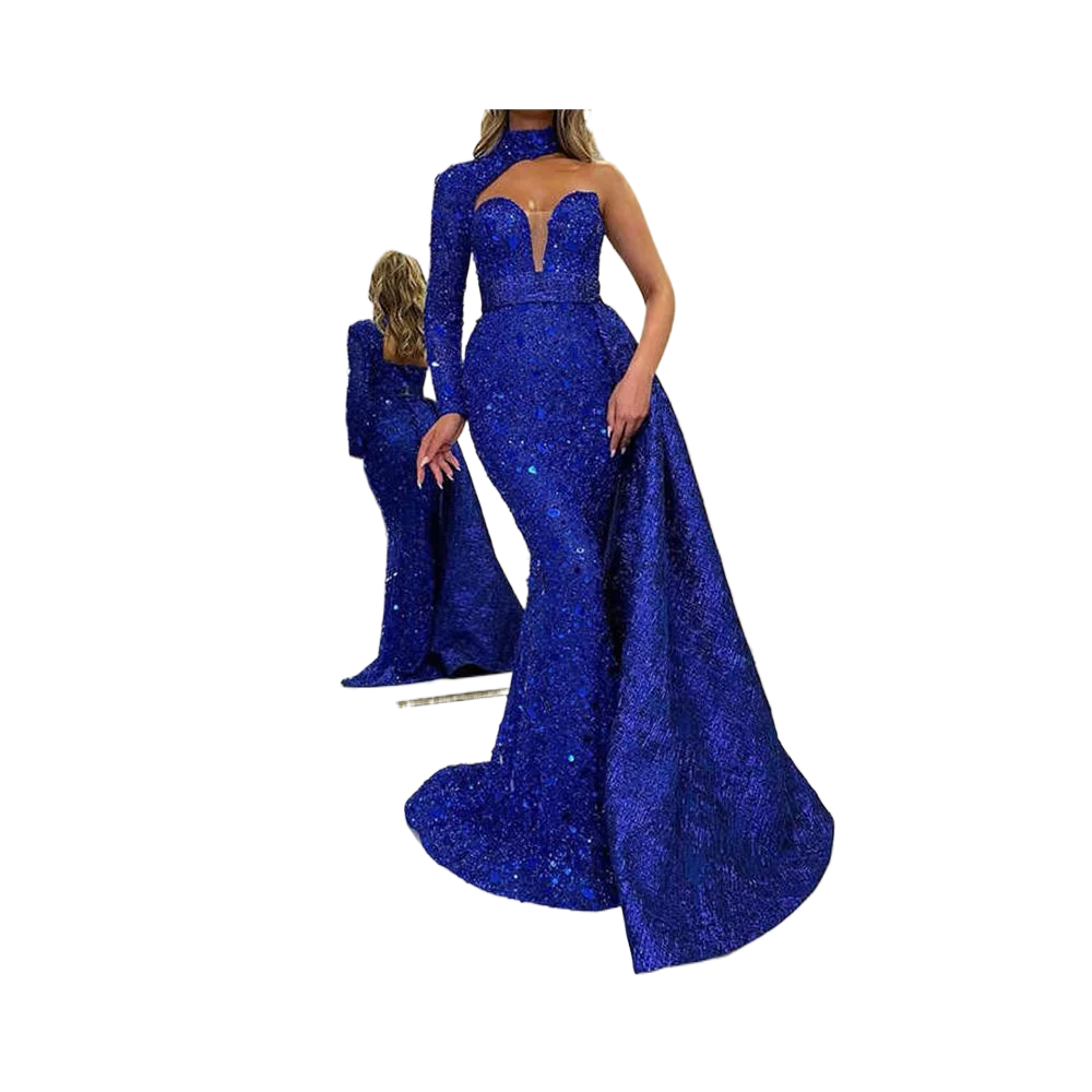 Robe élégante en queue de poisson, paillettes brillantes, Slim, décontractée, asymétrique épaule dénudée, manches longues, mode, col mi-haut, robes creuses