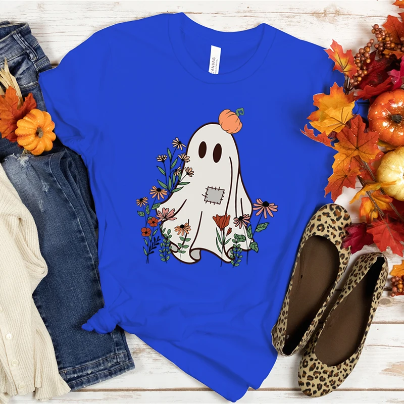 Summer Womans Halloween Flower Ghost Pumpkin Graphic T Shirt Fashion Female Short Sleeve Clothes Cartoon Funny Streetwear Tshirt