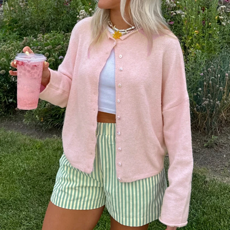 Maemukilabe Cutest Button Front Knitted Sweater Autumn Long Sleeve Cardigan Preppy Vintage Knitwear Coat Y2k Vintage Streetwear