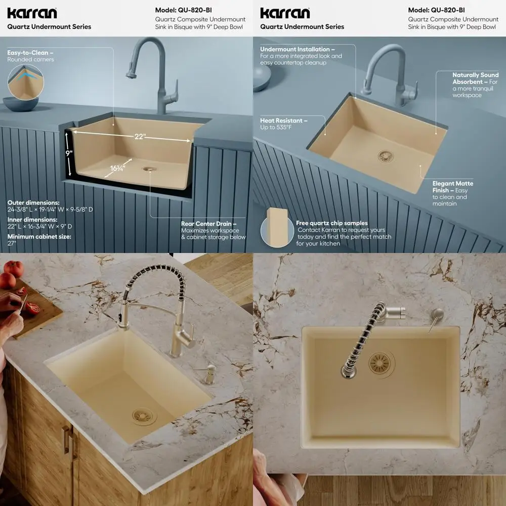 

Кухонная мойка QU-820 Undermount, 24.38 дюйма, одинарная чаша, из кварцевого камня, цвет бисквит.