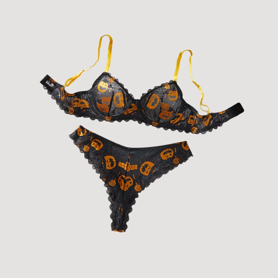 

Ellolace Halloween Lingeries Sexy Hot Exclusive Pumpkin Lamp Wacky Faces 2PC Set Witty Treat and Trick Cosplay Women's Underwear