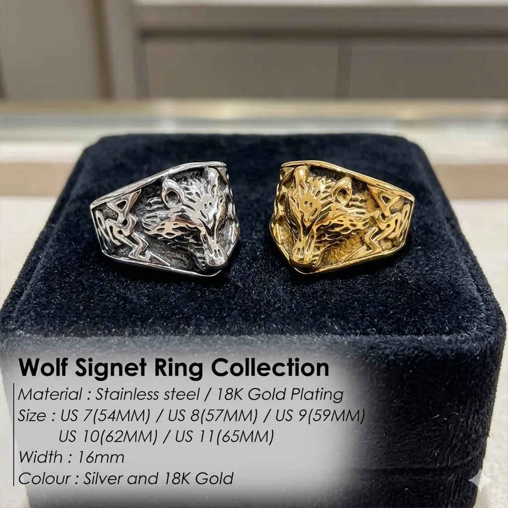Men's 18K Gold Stainless Steel Wolf Head Ring Vintage Viking Nordic Animal Signet Ring Punk Rock Biker Jewelry Male Gift 16mm