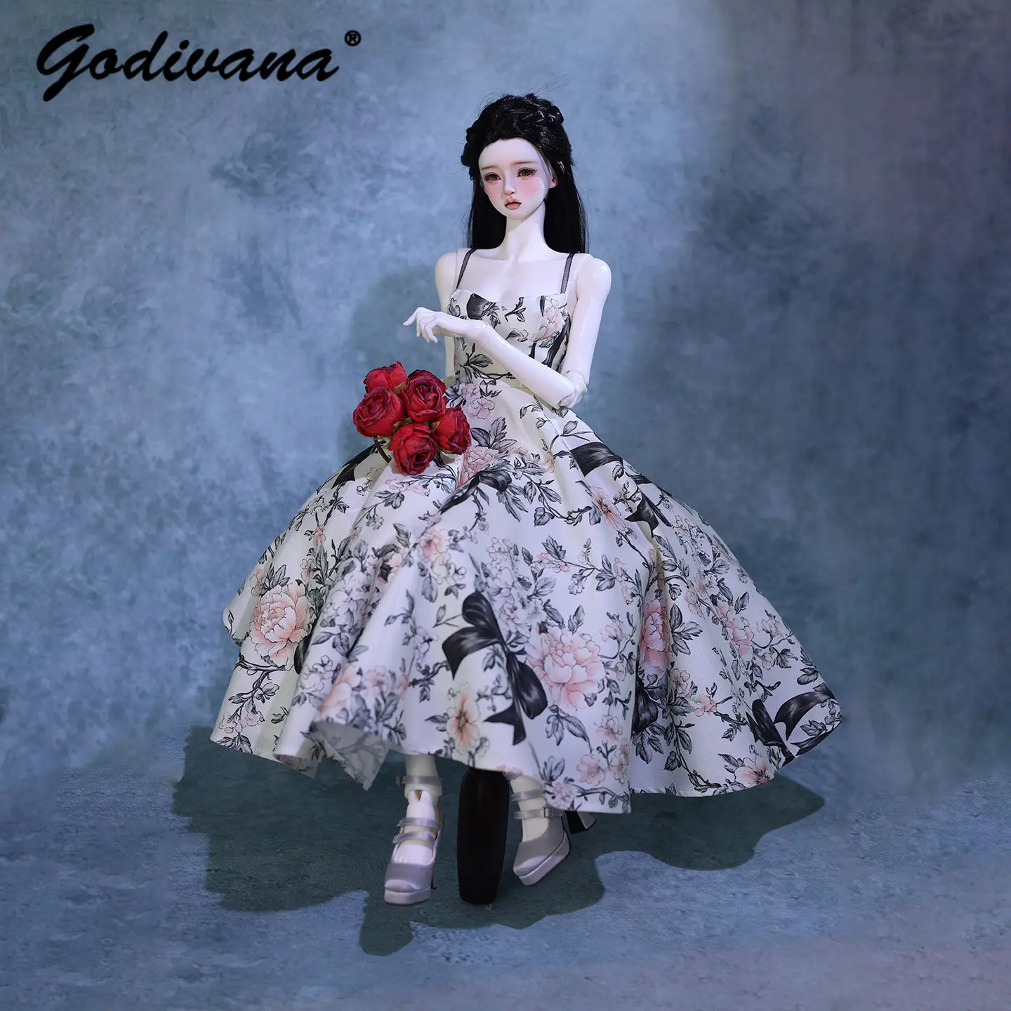 1/3 1/4 BJD Doll Dress Ink‑Wash Floral Print Sleeveless Gown Vintage French Style Long Party Dress for Large Female BJD Doll