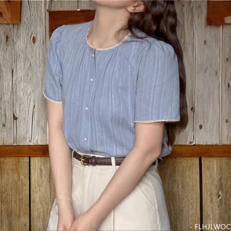 코튼 블렌드 블루 스트라이프 상의, 귀여운 일본 스타일, 소녀 레트로 빈티지 캐주얼 싱글 브레스트 단추 셔츠, 여름