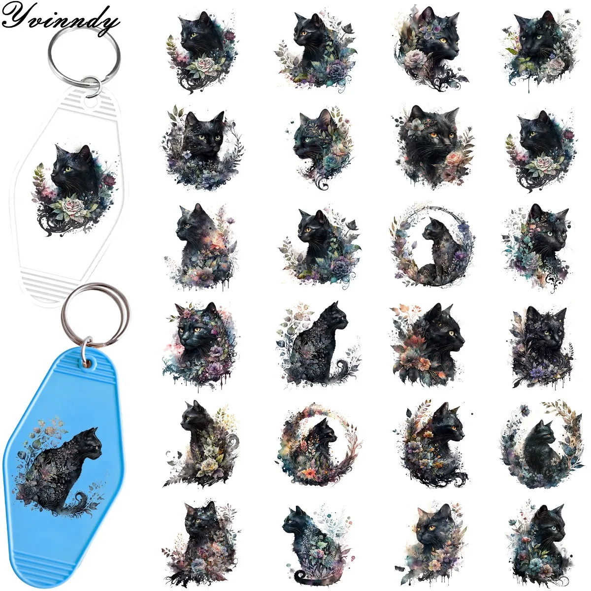 48 pièces/ensemble, autocollants de transfert UV DTF pour porte-clés, chat mystique gothique noir, bricolage, accessoires personnels